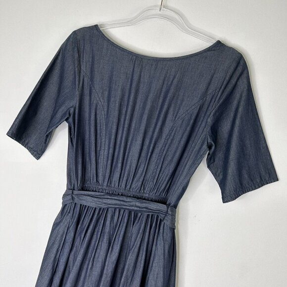 Eshakti Embroidered Chambray Dress Womens Size Medium Blue Tie Waist - Picture 7 of 10